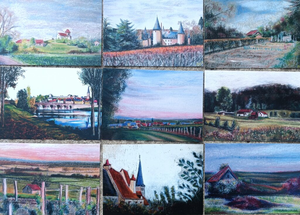9 cartes postales de mes pastels, paysages de France 15 x 10,5 cm
